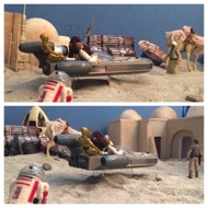 The speeder pulls up in front of a rundown blockhouse cantina on the outskirts of the spaceport. Various strange forms of transport, including several unusual beasts of burden, are parked outside the bar. #starwars #anhwt #starwarstoycrew #jbscrew #blackdeathcrew #starwarstoypix #starwarstoyfigs #toyshelf